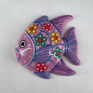Hand-Painted Terrecota Fish Wall Decor Multicolor Design Teal Multicolor
